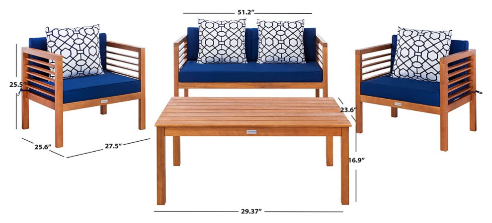 4 Piece Patio Set  Eucalyptus Frame and Cushioned Seat With Pillows   Contemporary   Outdoor Lounge Sets   by Decor Love  Houzz