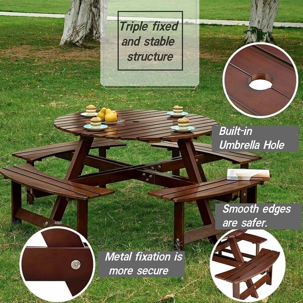 Outdoor round wooden picnic set with umbrella hole (6 persons/8 persons)