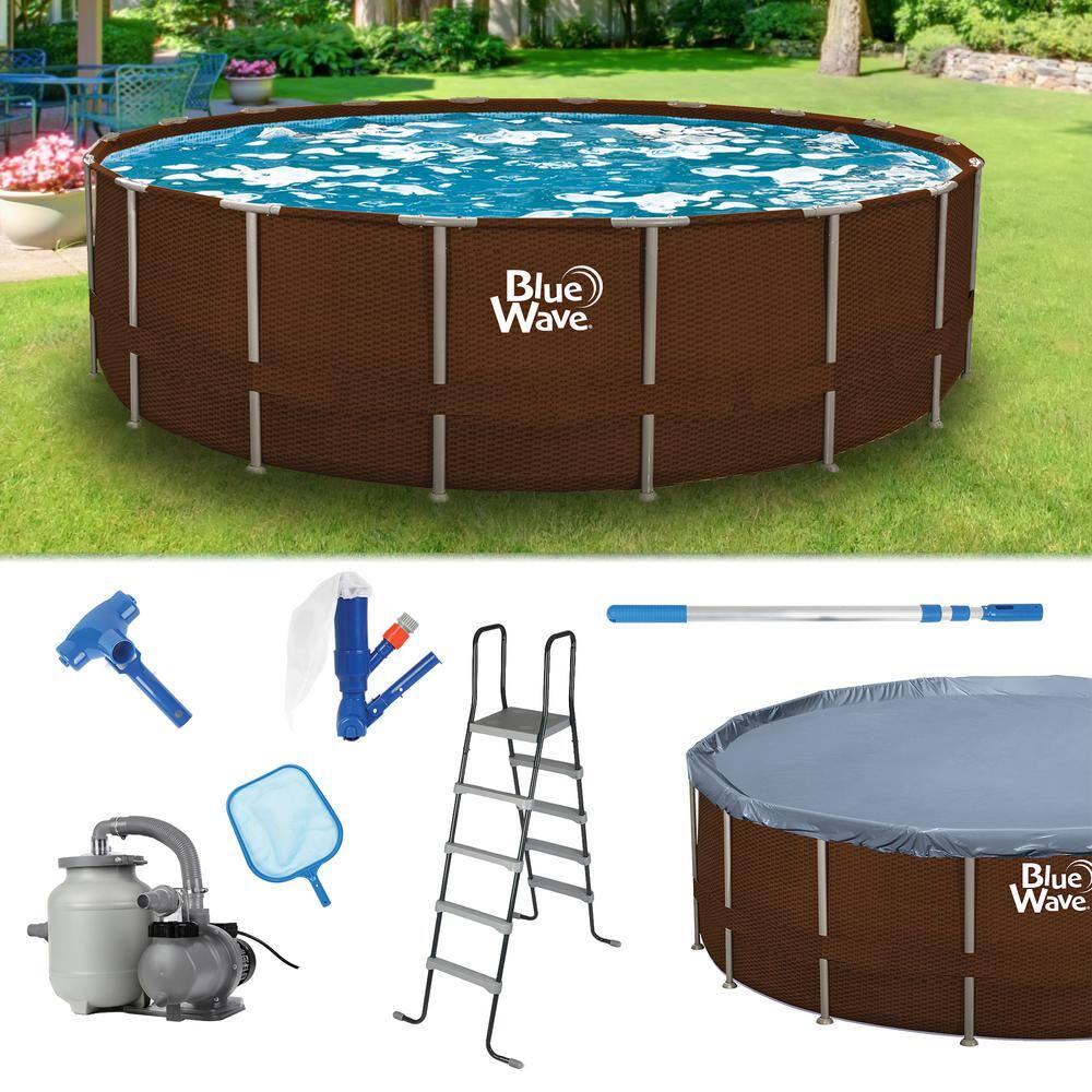 Blue Wave Mocha Wicker 18 ft. Round 52 in. Deep Metal Frame Swimming Pool Package NB19907