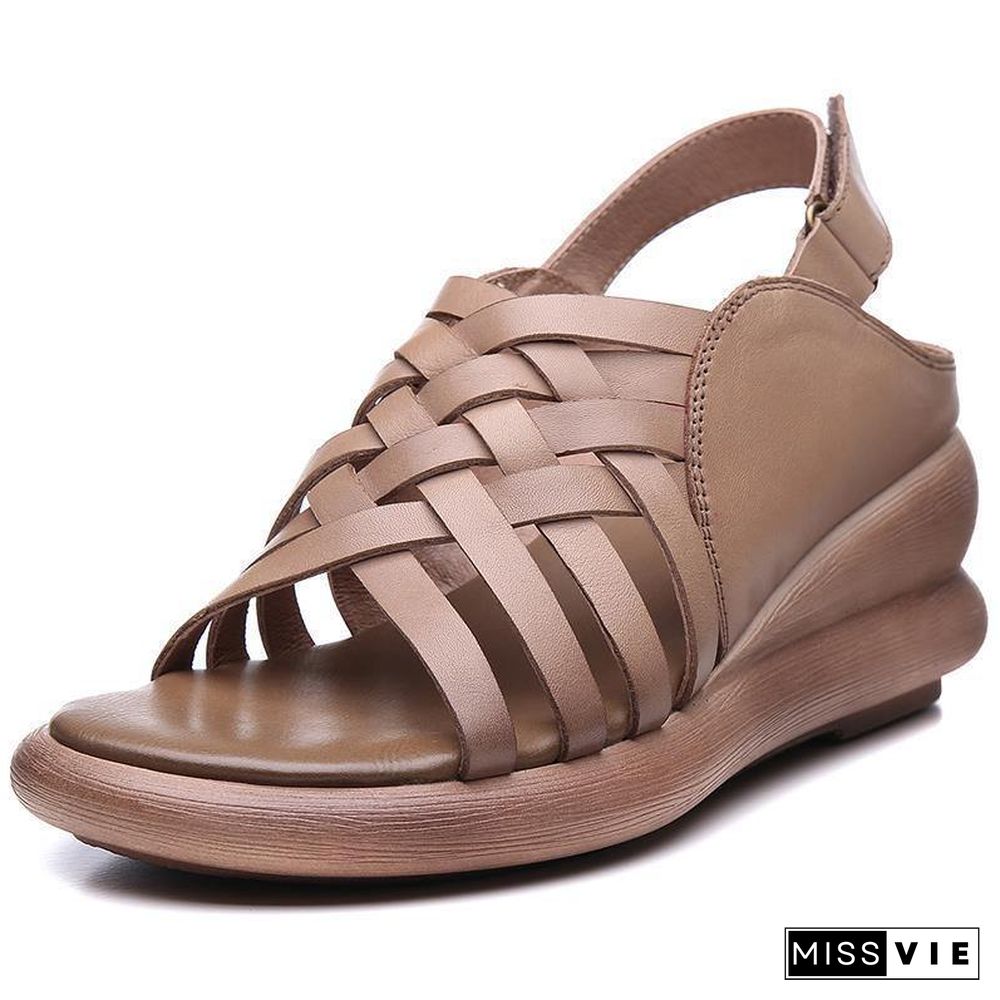 Khaki Sandals Wedge Cowhide Leather Plus Size Sandals