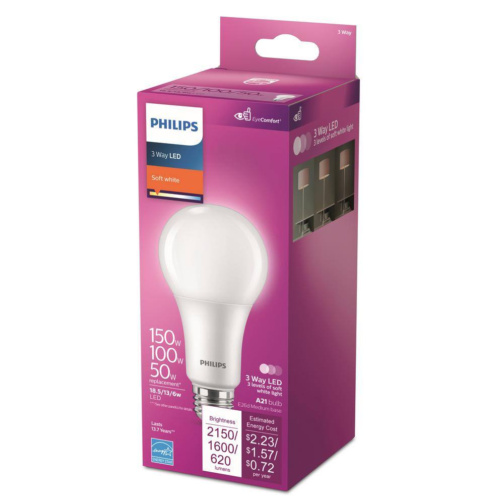 Philips 50-Watt-100-Watt-150-Watt Equivalent 3-Way A21 E26 LED Light Bulb Soft White 2700K (4-Pack) 571521