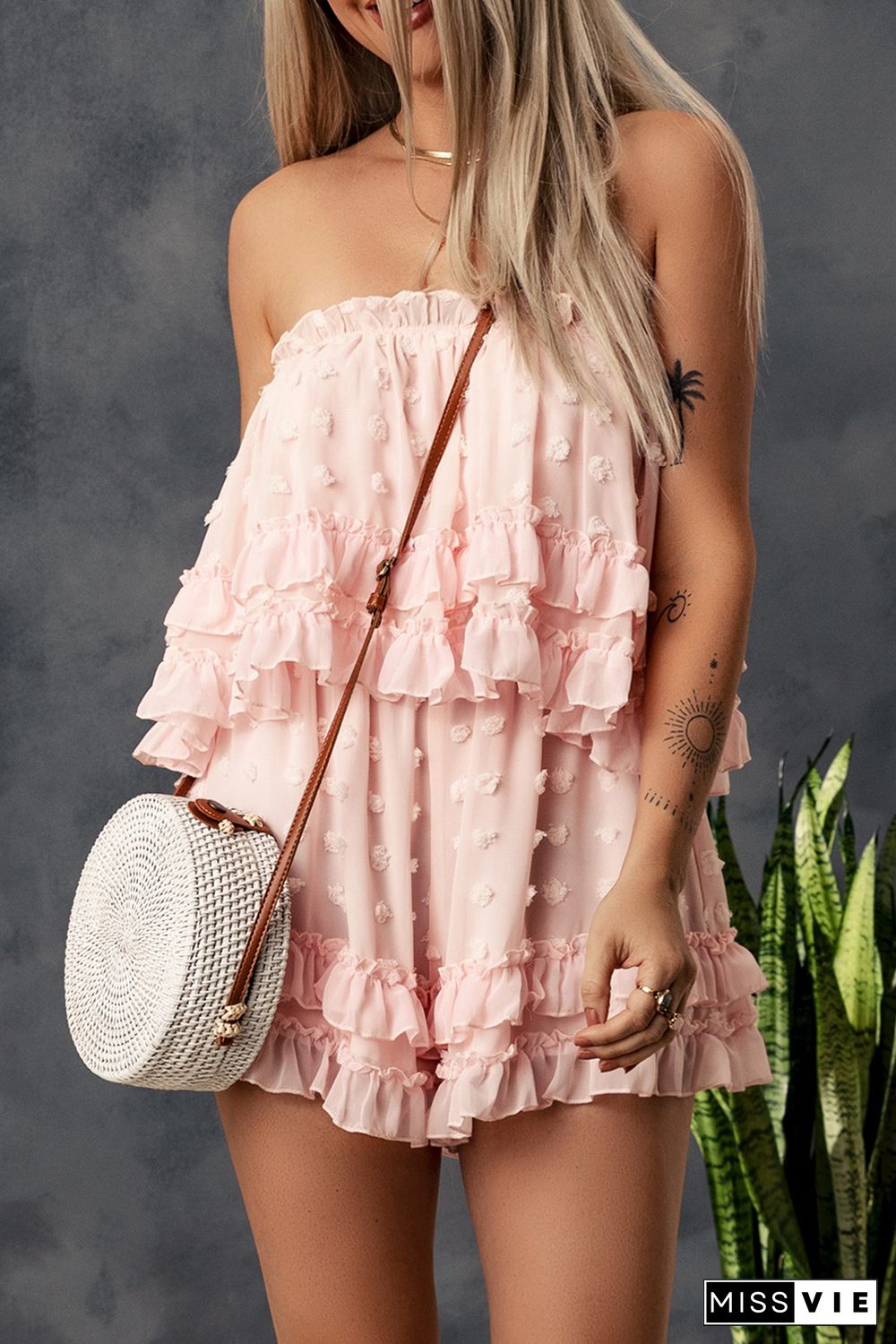 Pink Swiss Dot Frill Tiered Strapless Romper