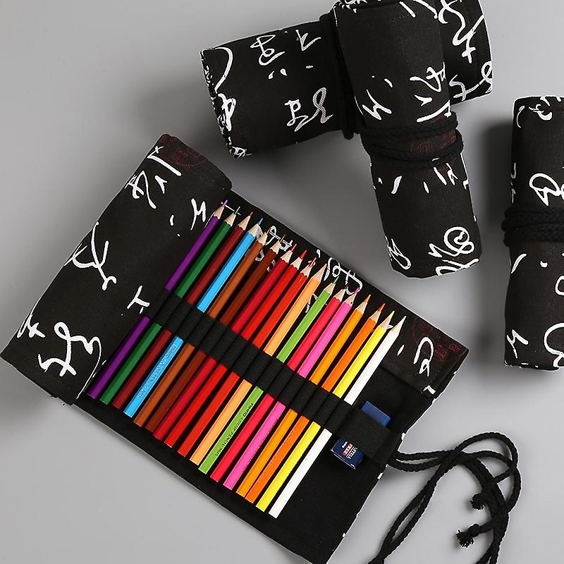 Calligraphy Cute Canvas Roll School Pencil Case Pencilcase Student Pen Bag Stationery Pouch Supplies(72 Holes)