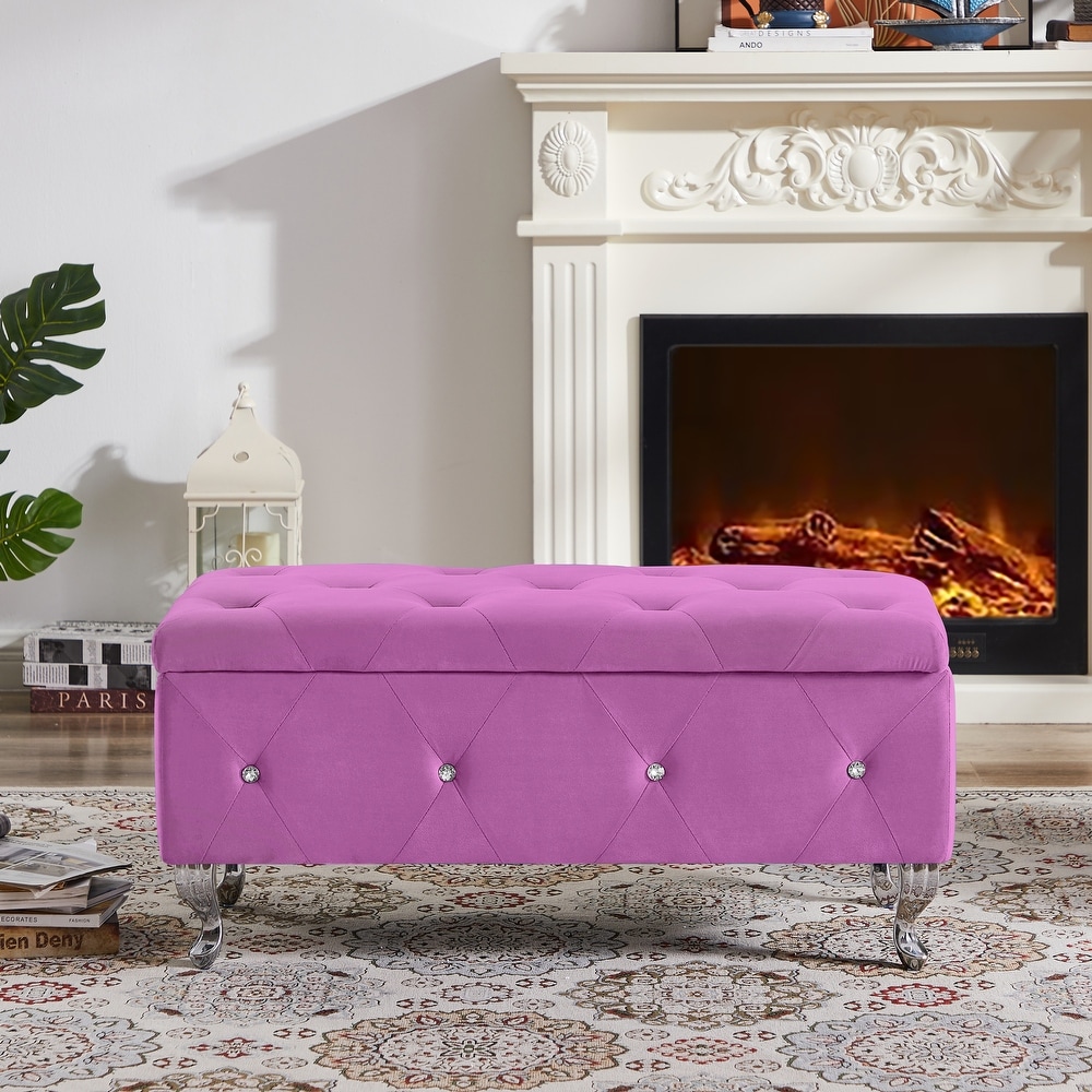 Button Tufted Ottoman Velvet with PU Upholstered Ottoman Flip Top Entryway Bench and Safety Hinge for Living Room