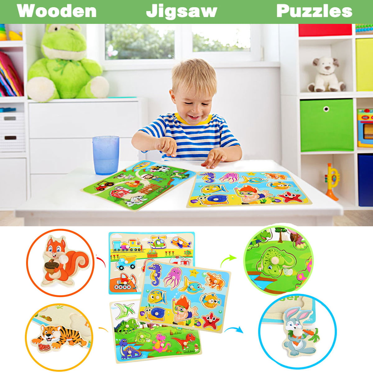 Ealing 6 Pack Wooden Peg Puzzles for Toddlers 1-3，  Jigsaw Puzzles Set Gifts-Animals Farm Dinosaur Fruits Educational Learning Toys for Boys and Girls