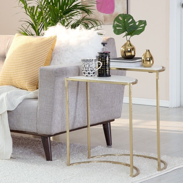 Adore Decor Kingston Gold Nesting Side Table， Set of 2， White/Gold