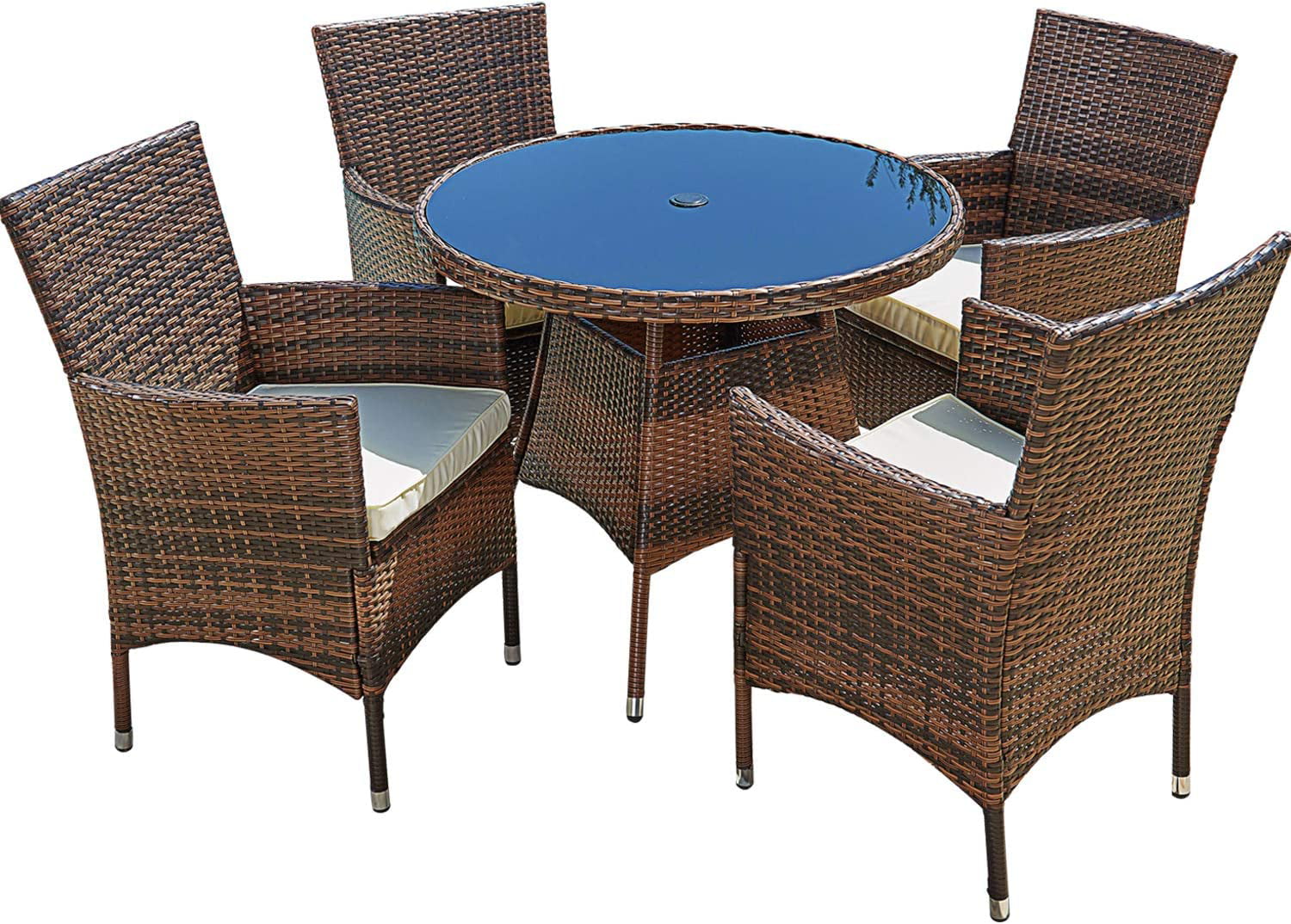 SUNCROWN Outdoor Furniture All-Weather Square Wicker Dining Table and Chairs for 4 (5-Piece Set) Washable Cushions, Patio, Backyard, Porch, Garden, Poolside, Tempered Glass Tabletop, Modern Design