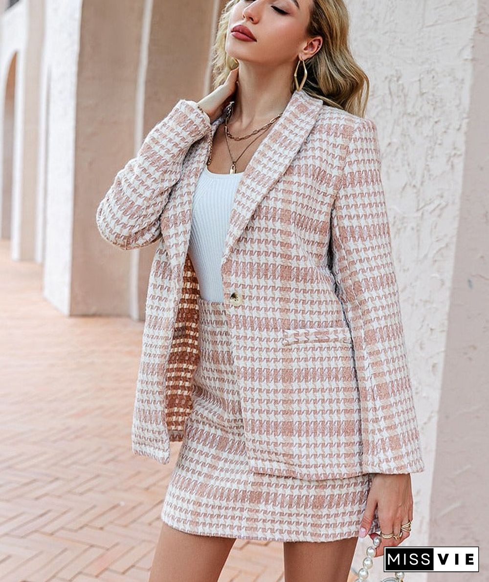 Vintage Houndstooth V-Neck Women Blazer Suit Office Lady Plaid Shoulder Pads Pink Two Pieces Set Pocket Mini Dress Sets