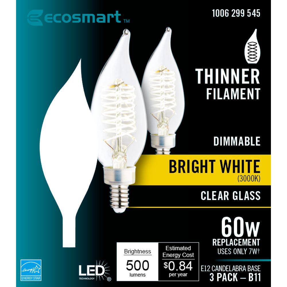 EcoSmart 60-Watt Equivalent BA11 Dimmable E12 Candelabra Fine Bendy Filament LED Vintage Edison Light Bulb Bright White (3-Pack) BA11C7E12830S