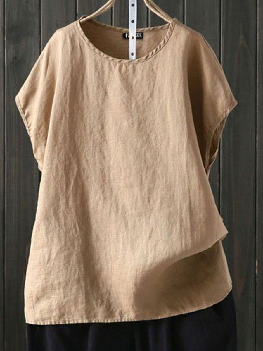 Round Neck Casual Loose Solid Color Short-sleeved Blouse