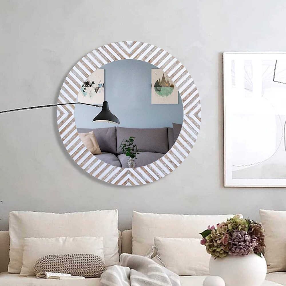 Round Wood Mirror Decorative Wall Mirrors  Farmhouse Mirror for Bathroom  Bedroom  Entryway  Living Room  Rustic Circle Mirror