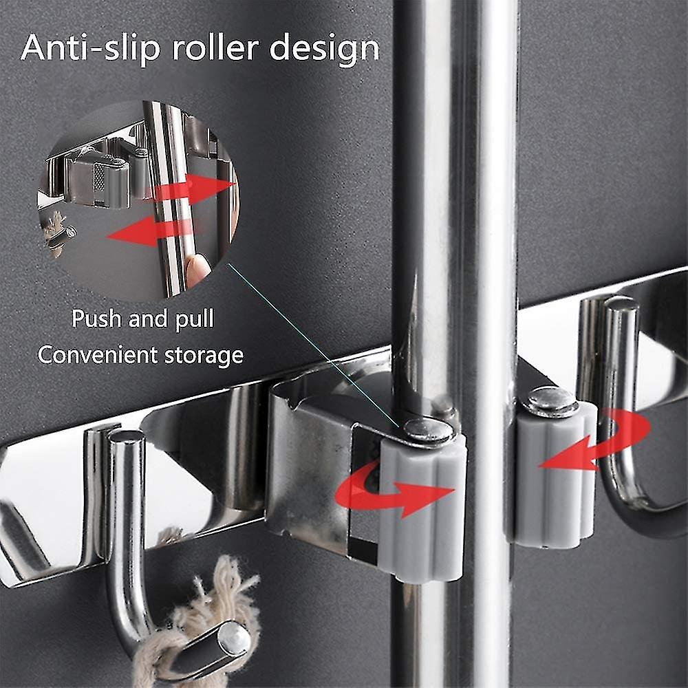 Wall Broom - Stainless Steel Broom Holder， Storage Hanger Holder For Kitchen， Garage， Laundry Room (4 Locations And 5 Hooks)