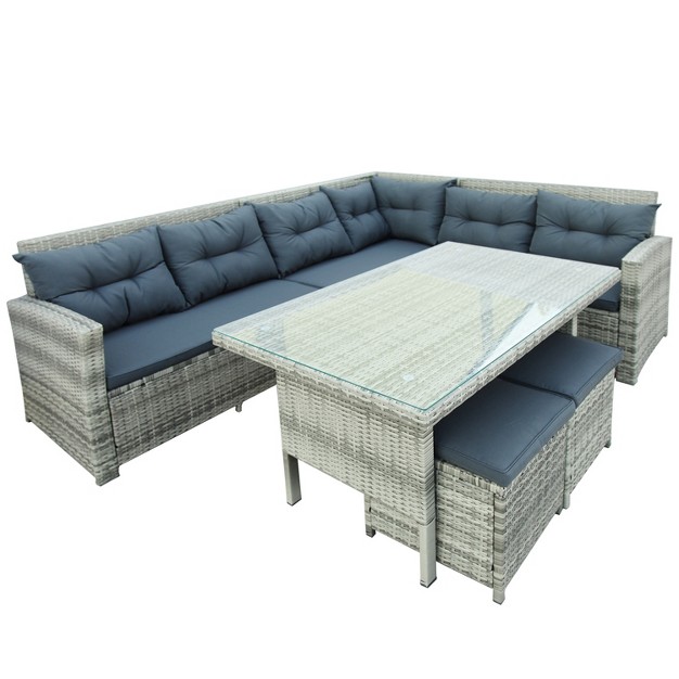 6 piece Outdoor Patio Sectional Sofa With Glass Table And Ottoman For Pool Backyard Lawn Modernluxe