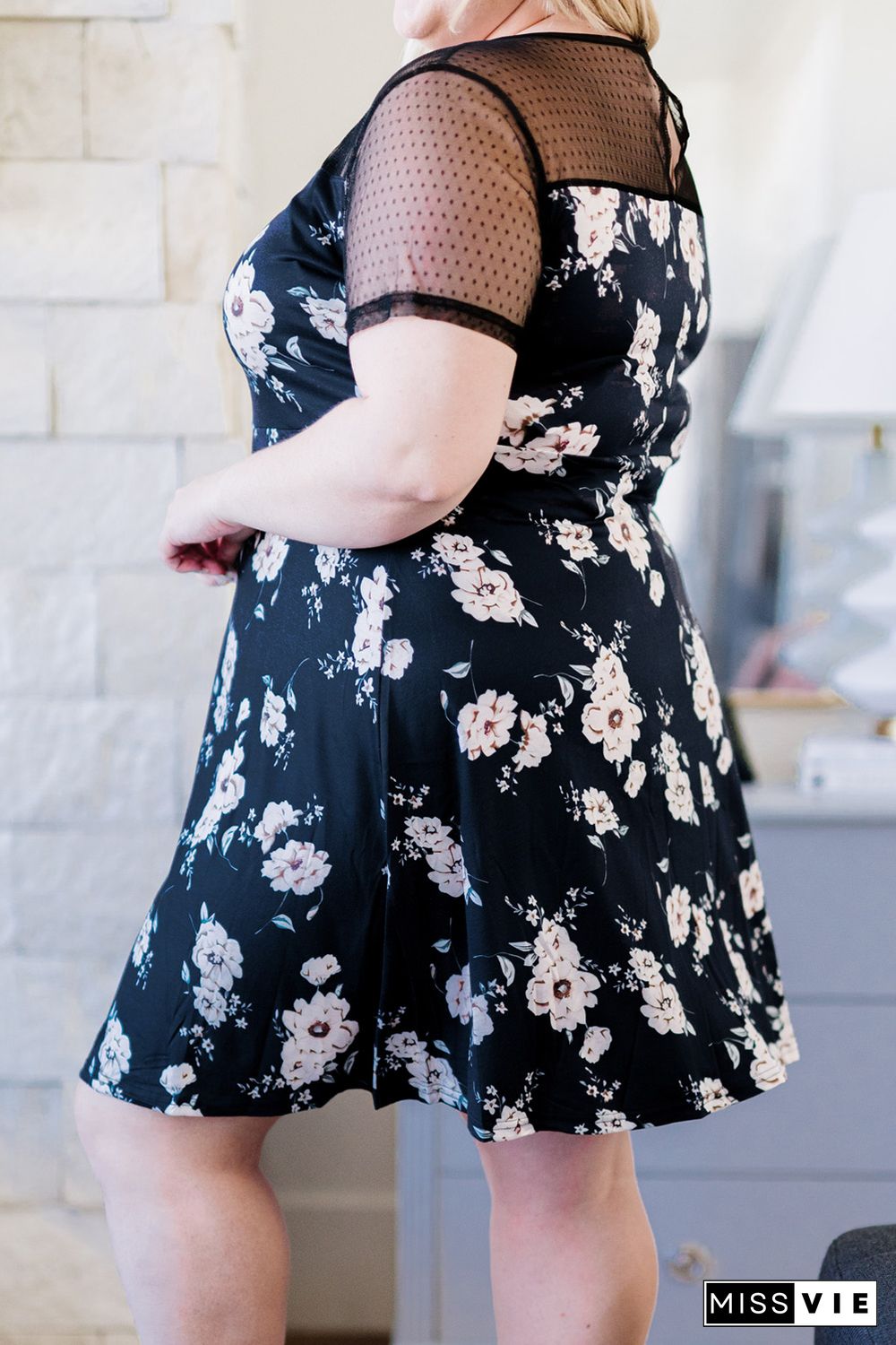 Plus size Floral Print Polka Dots Mesh Patch Mini Dress