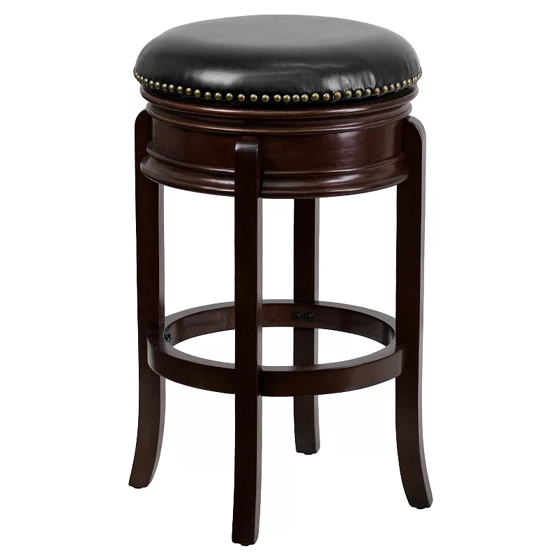 Merrick Lane Ashin 30 Backless Swivel Barstool， Upholstered with Nail Trim， Carved Apron， and Wood Frame