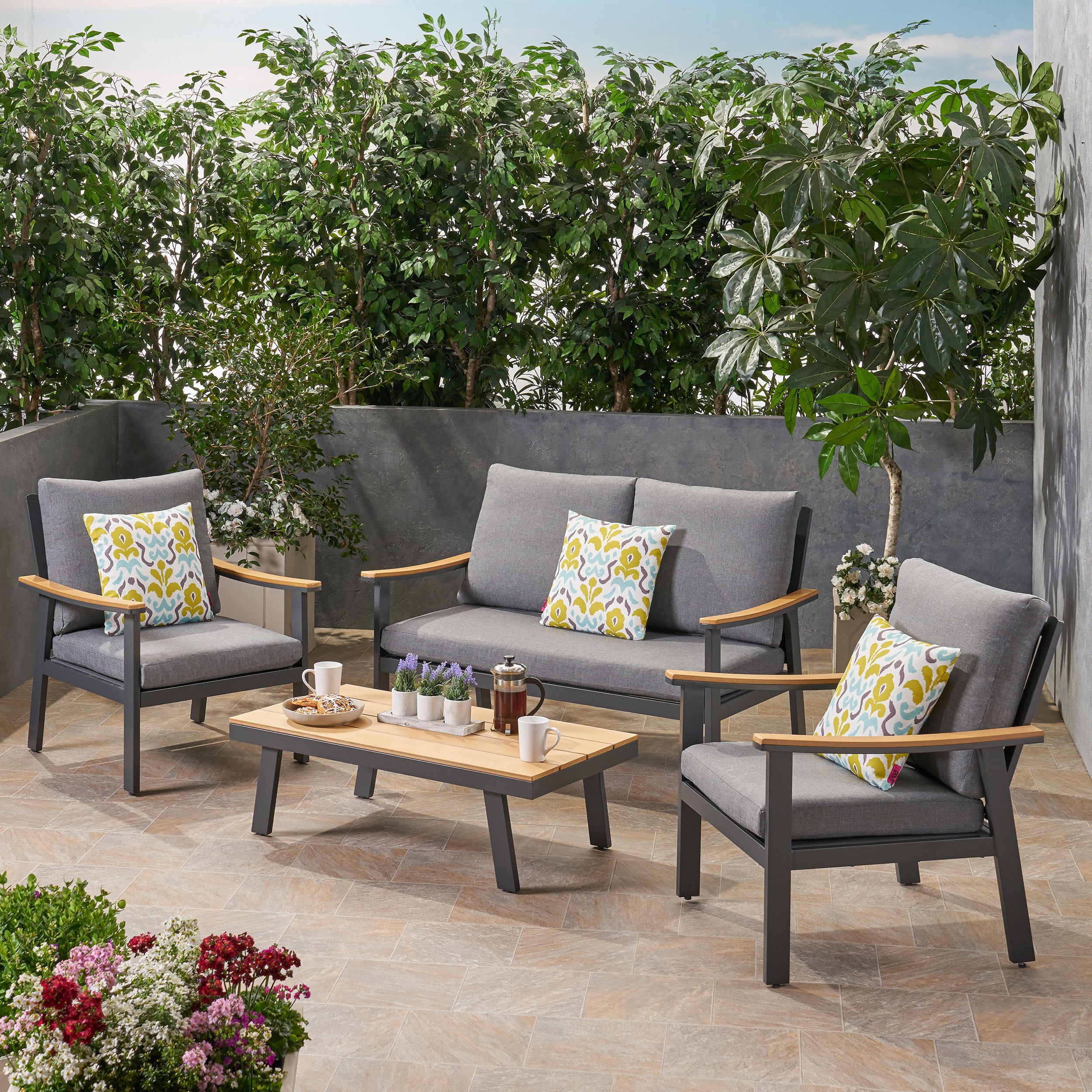 Mathias Outdoor 4 Piece Aluminum and Faux Wood Chat Set with Cushions