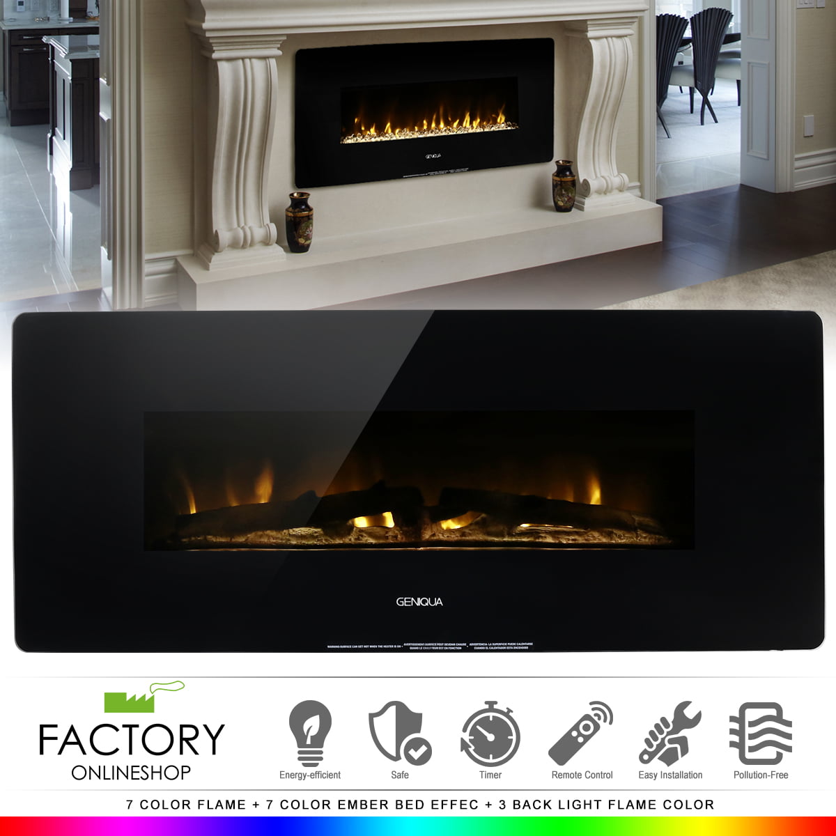 Geniqua 1400W Heat Wall Mount or Standing Electric Fireplace w/Remote MultiColor LED