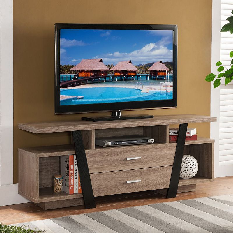 FC Design Dark Taupe/Black TV Stand with 3 Center Shelves and 2 Bottom Drawers Entertainment Center Television Entertainment Center