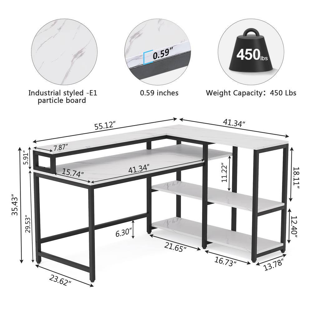 BYBLIGHT 55 in. L-shaped White Faux Marble Reversible Computer Desk with Shelves and Monitor Stand BB-JW0133GX