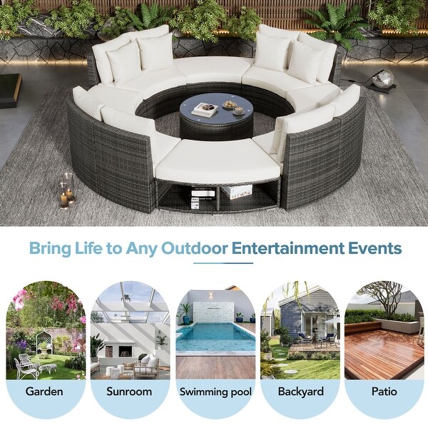 9Piece Outdoor Patio Furniture，Circular Outdoor Sofa Set with Tempered Glass Coffee Table