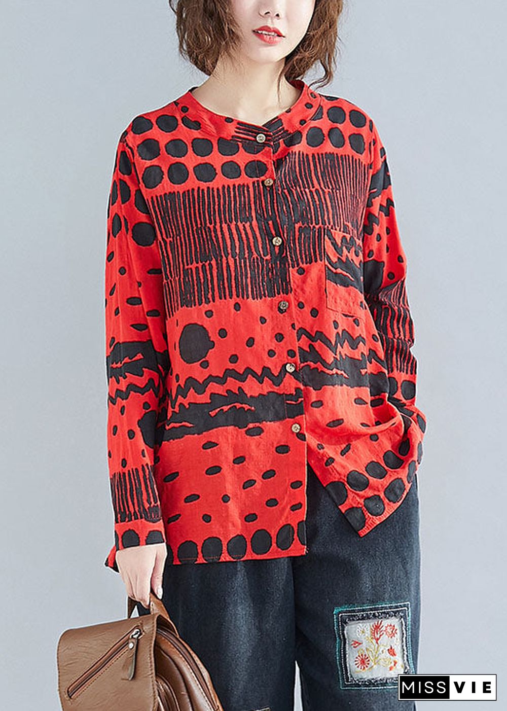 Boho Red O-Neck Button Print Pockets Fall Blouses Long sleeve