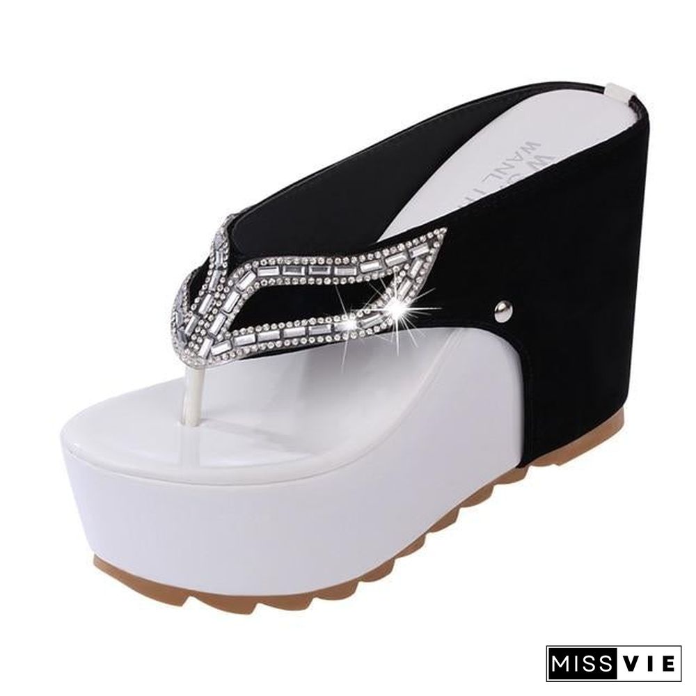 Women Rhinestone Platform Sandal Flip Flops High Heels Wedges Beach Sandals