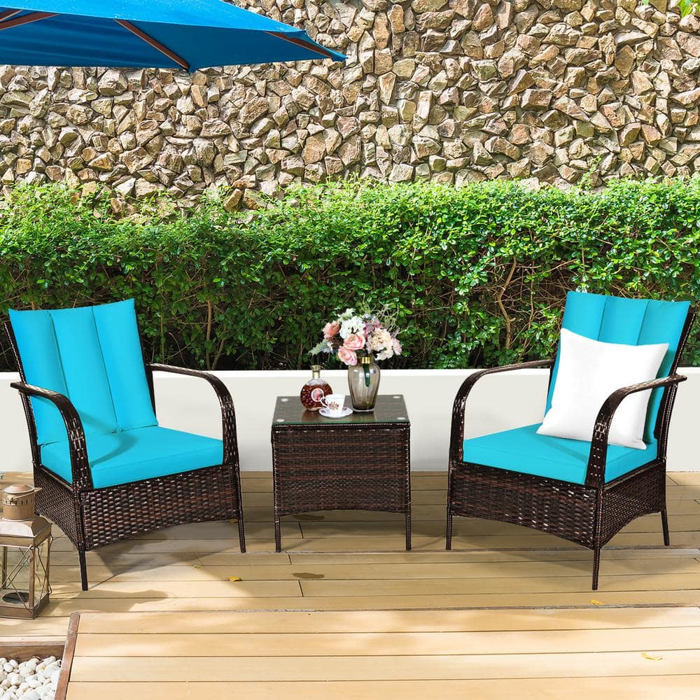 Costway Brown 3-Piece Wicker Patio Conversation Seating Set with Turquoise Cushions HW65850TU