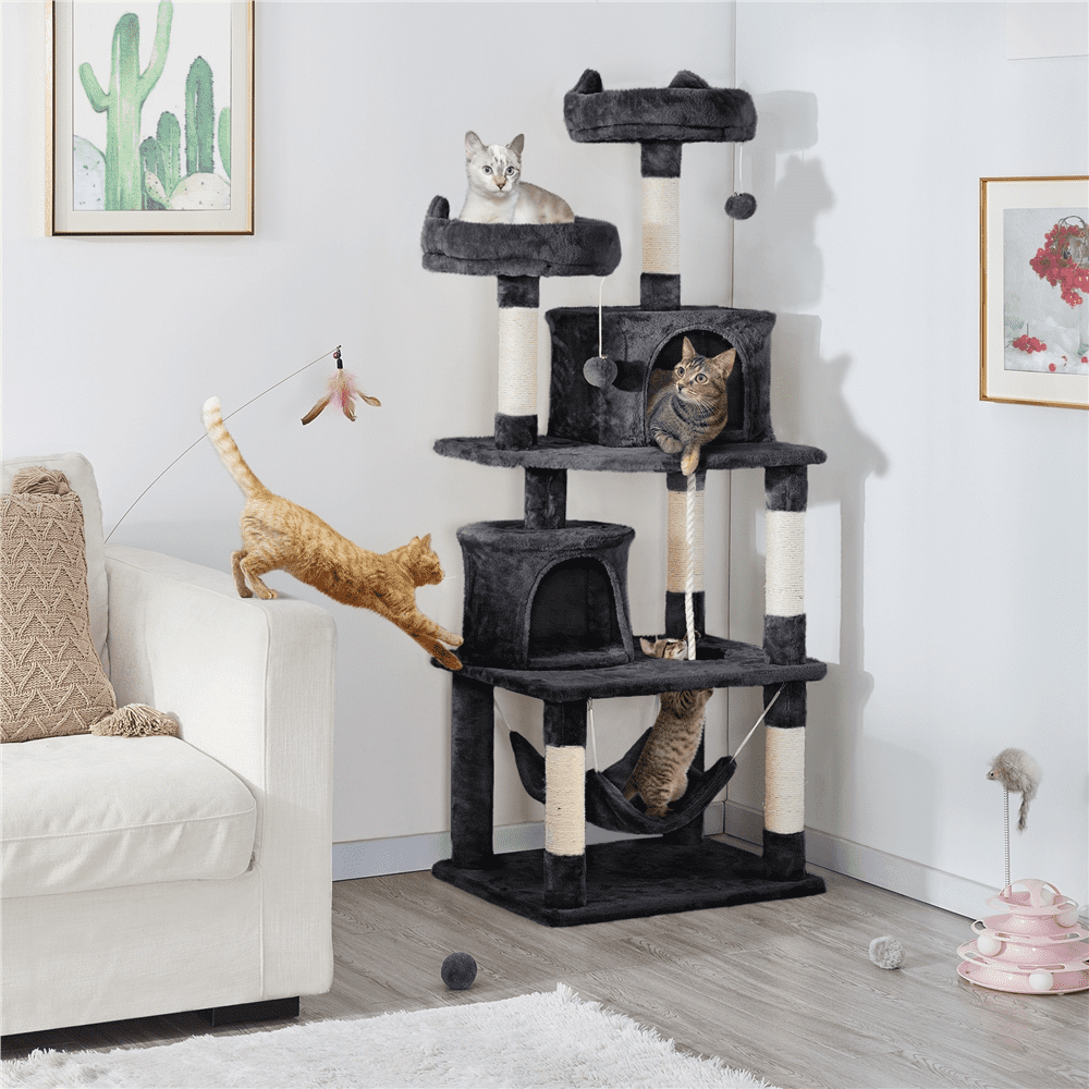 SMILE MART 62.2" Double Condos Cat Tree and Scratching Post Tower, Black