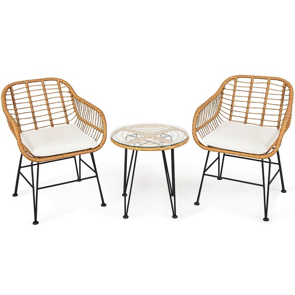 Costway 3PCS Patio Rattan Bistro Furniture Set Cushioned Chair Table