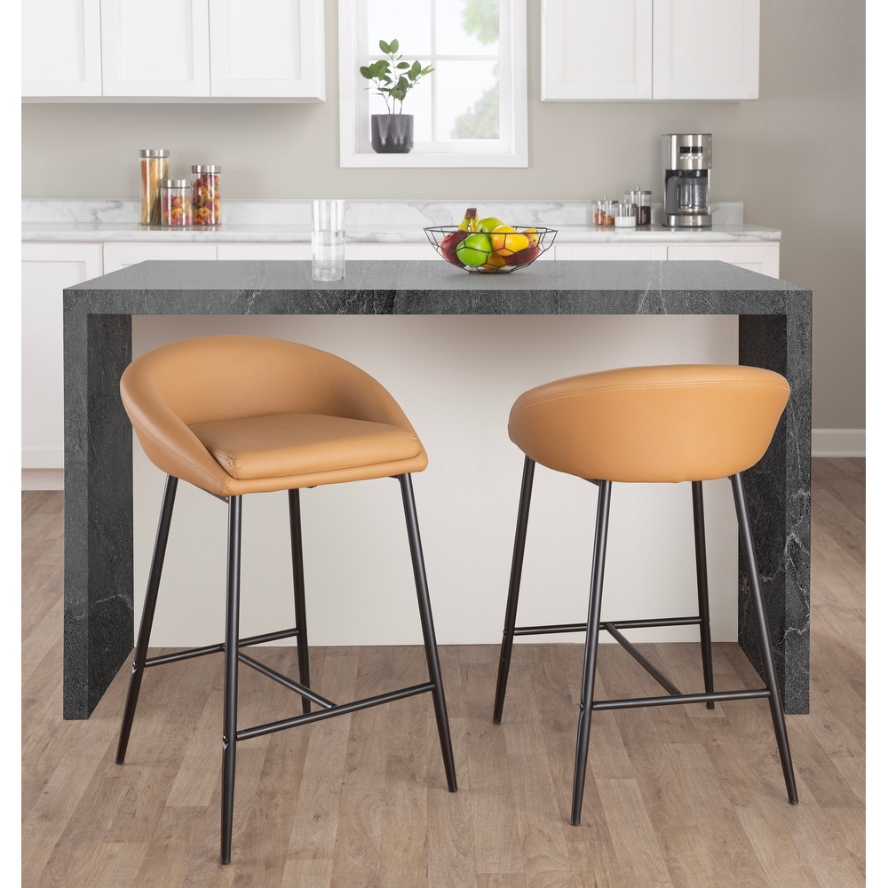 Contemporary Metal Frame Counter Stool with Faux Leather Cushion  Set of 2