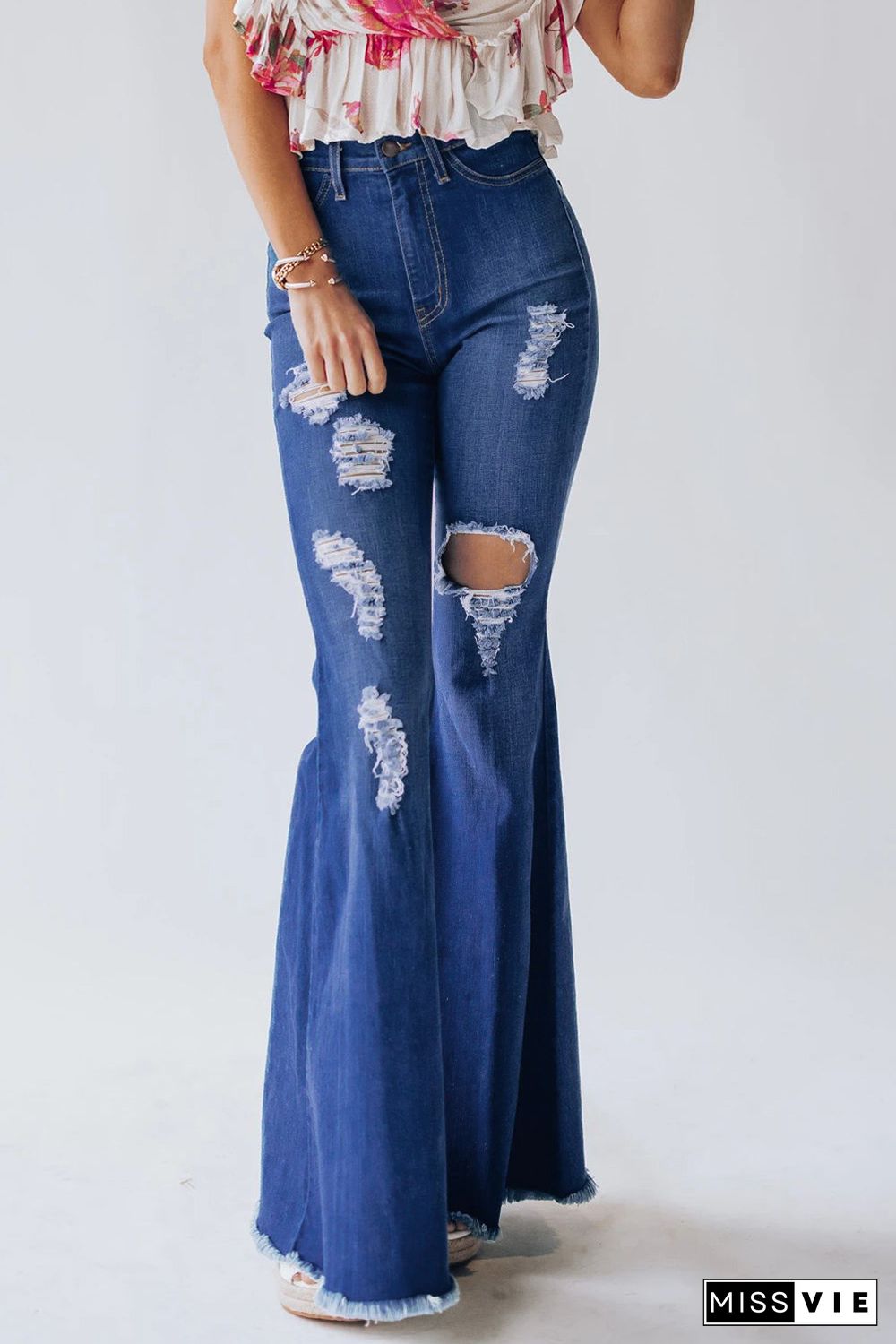 High Waist Hole Ripped Bell Jeans