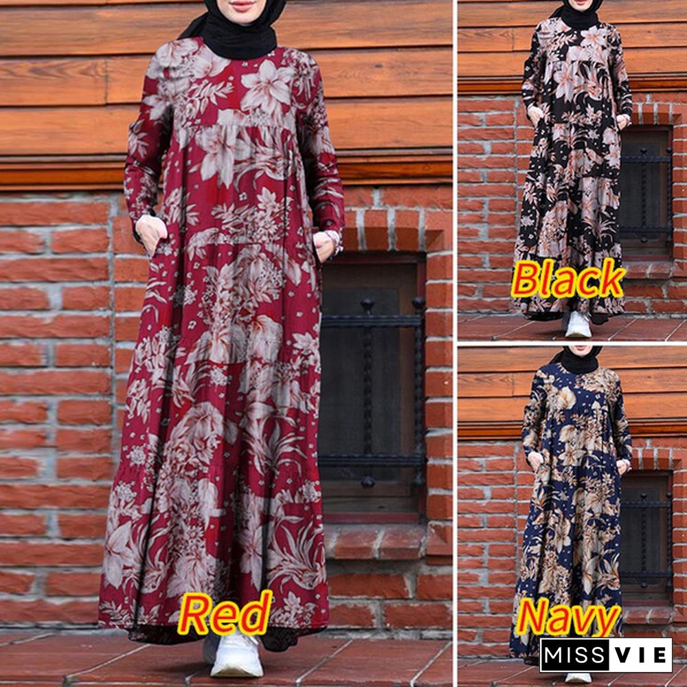 ZANZEA Women Floral Printed Autumn Muslim Kaftan Abaya Long Dress Bohemian Kaftan Baggy Maxi Dress Dubai Islam Flota