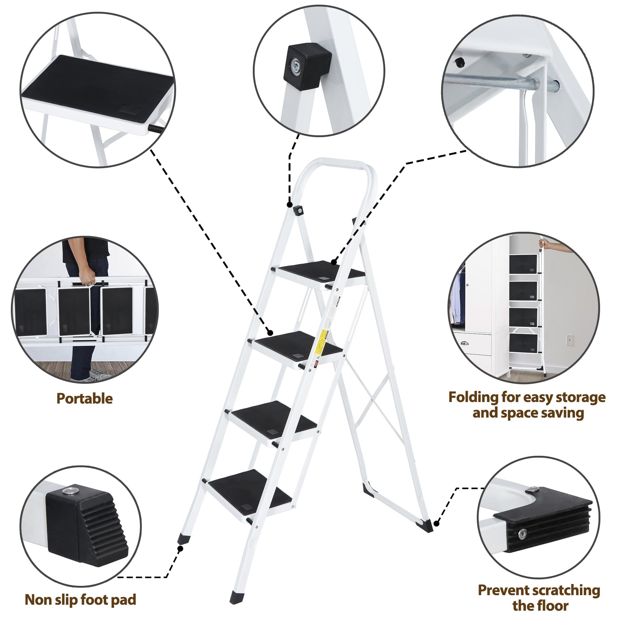 ZENY 4 Step Ladder Portable Folding Step Stool with Handgrip Anti-Slip, Wide Platform Steps, 330 lbs Capacity for Home and Kitchen