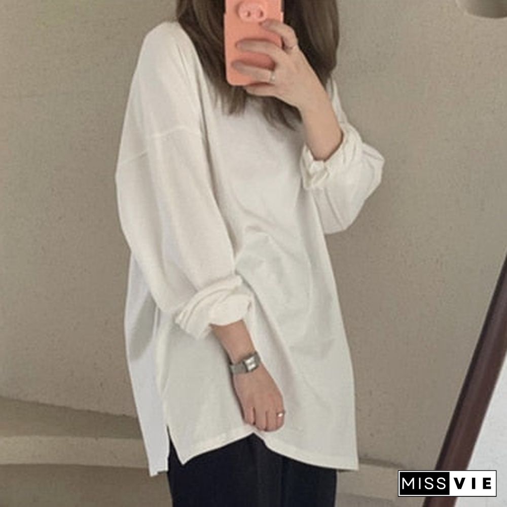 Colorfaith New Autumn Trend T-Shirts Oversized Solid Bottoming Long Sleeve Wild Korean Minimalist Style Tops T601