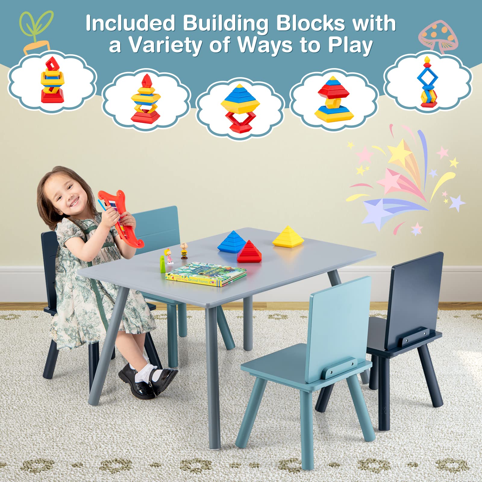 Costzon Kids Table and Chair Set, 5-Piece Toddler Table & 4 Chairs, (Grey, Blue)