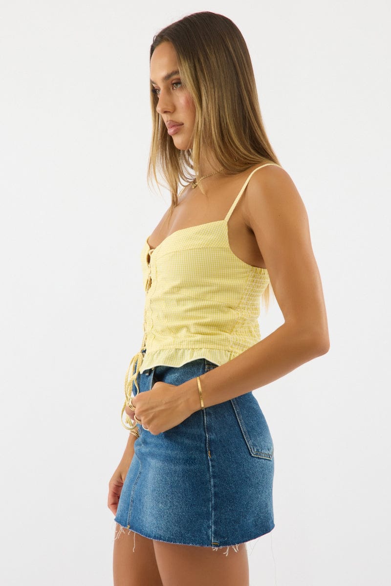 Yellow Check Corset Top Sleeveless Lace Up