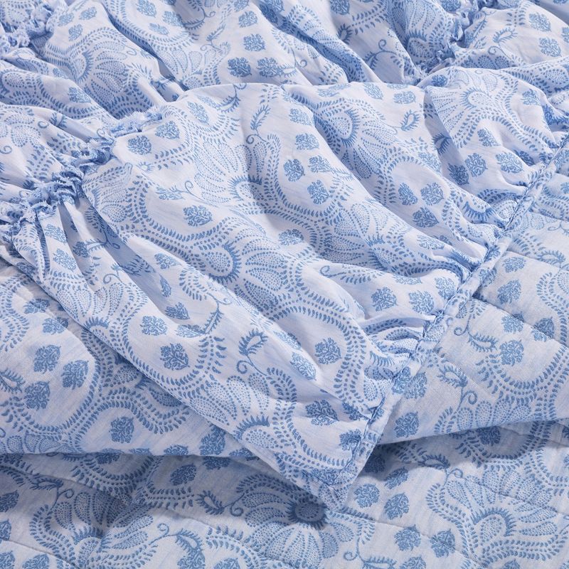 Fabric Queen Size Quilt Set with Pleated and Ruffled Details， Blue