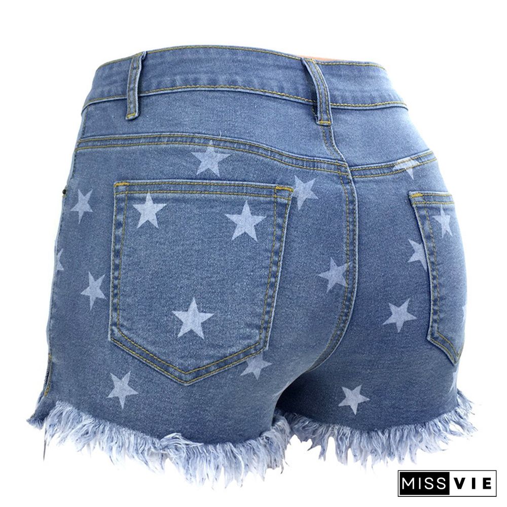 Light Blue Star Print Shorts Jeans with Tassel