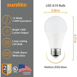 Sunlite 100-Watt Equivalent A19 1500 Lumens Medium E26 Base Frosted LED Light Bulb in Warm White 2700K (4-Pack) HD03184-1