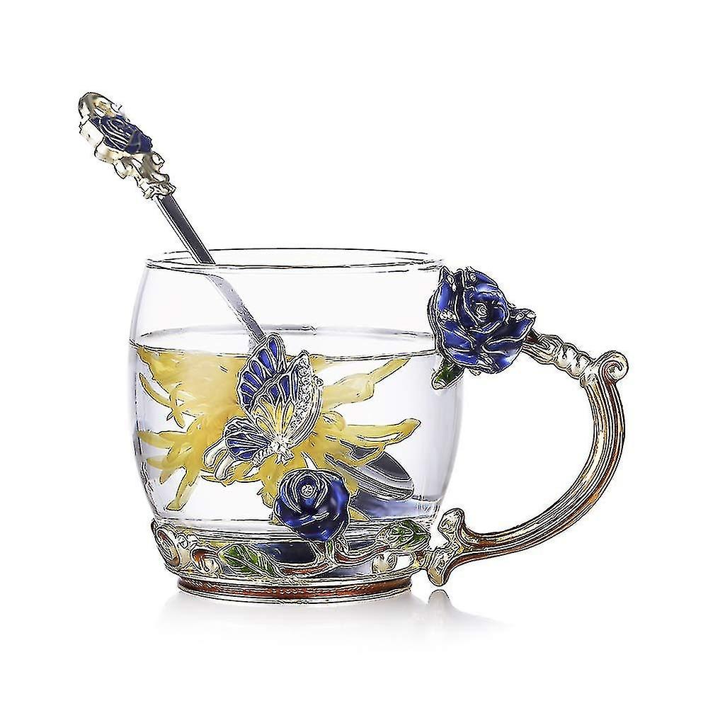 Enamels Butterfly Flower Lead Free Glass Coffee Mugs Tea Cup With Steel Spoon Set Gifts For Women Wi