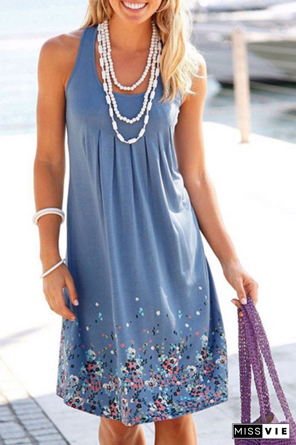 Floral Print Sleeveless Pleated Dress