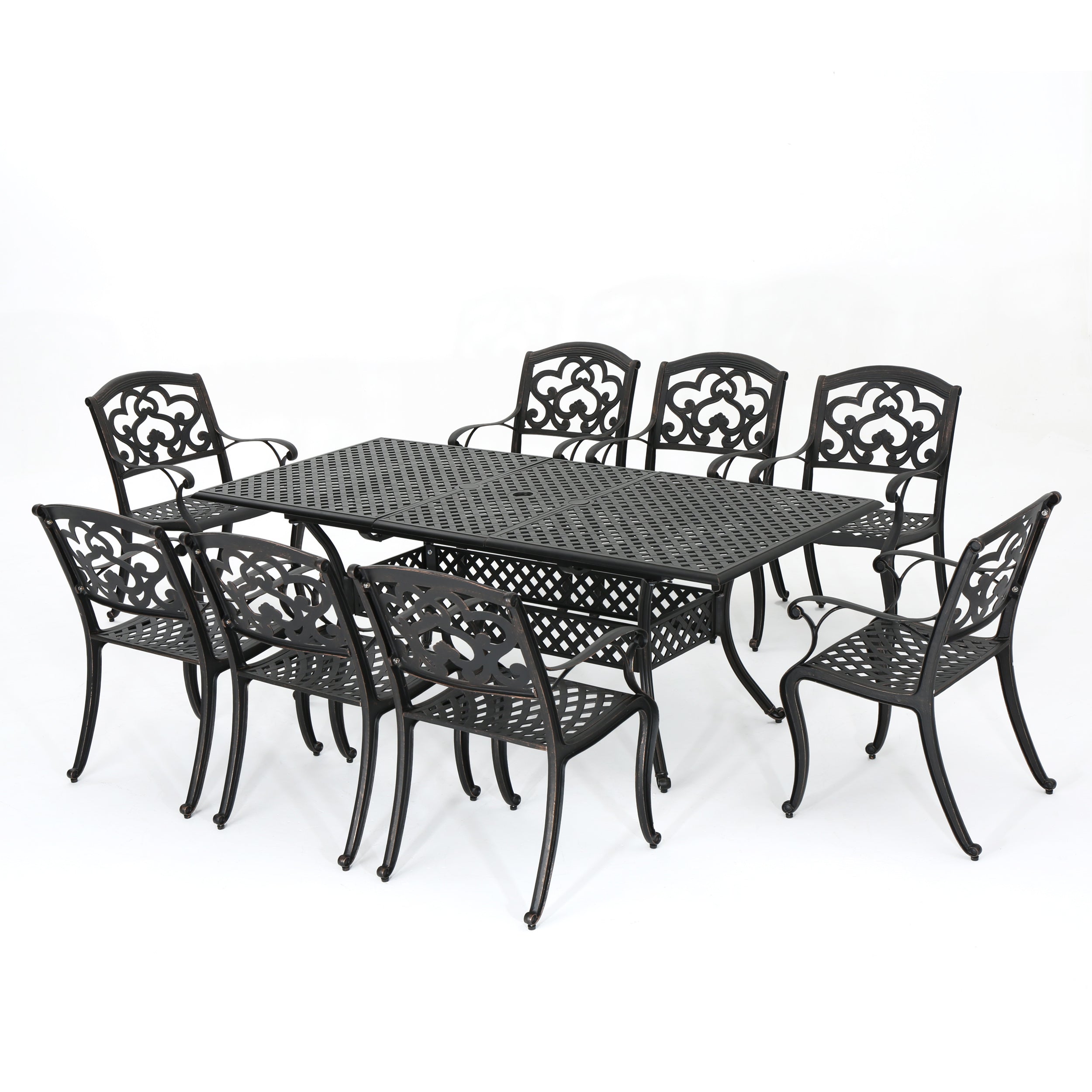 Ariel Outdoor 9 Piece Patina Copper Finish Cast Aluminum Dining Set