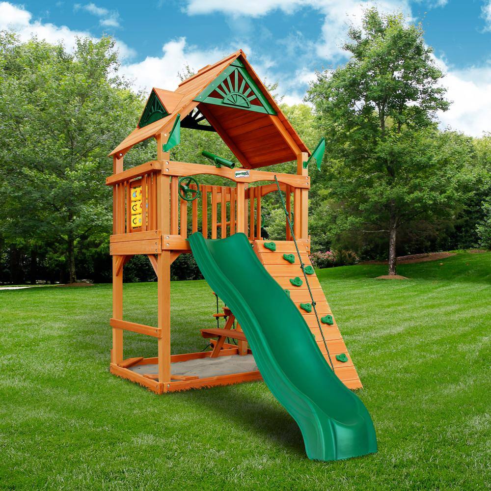 Gorilla Playsets Chateau Tower Wooden Outdoor Playset with Picnic Table Wave Slide Rock Wall Sandbox and Swing Set Accessories 01-0061-AP