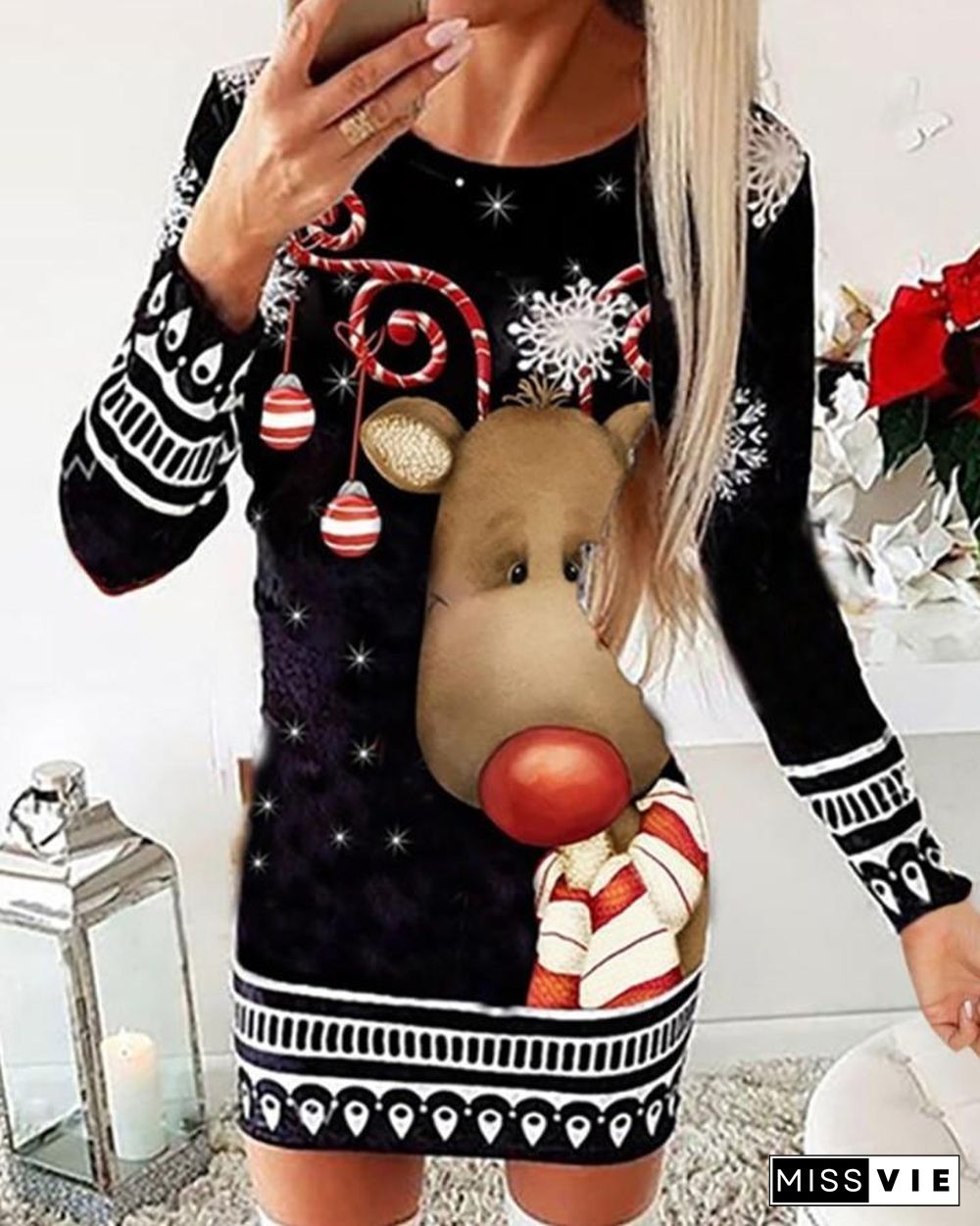 Christmas Mixed Print Long Sleeve Dress P10806