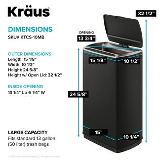 KRAUS Garbage Pro Rectangular 13 Gal. Touchless Motion Sensor Trash Can in Matte Black with Soft Shut Lid KTCS-10MB