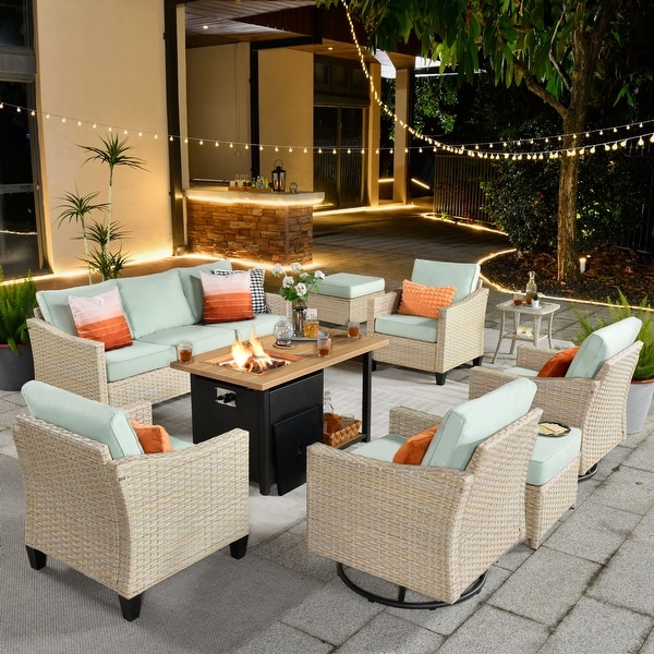 HOOOWOOO Outdoor Patio 9piece Wicker Rattan Furniture Set with Fire Pit Table