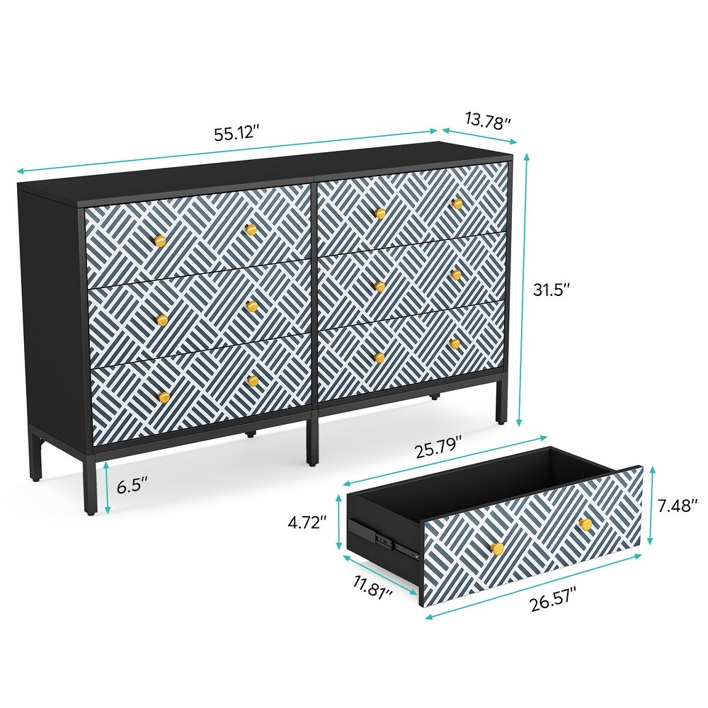 6 Drawer 55'' Inch W Dresser  Double Wide Chest of Drawers