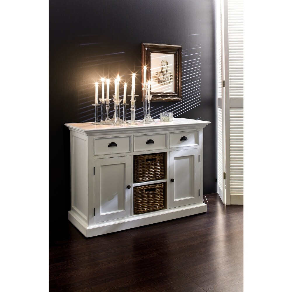 NovaSolo Halifax Coastal White Buffet with 2 Baskets  Solid Mahogany Frame  49.21 x 19.69 x 33.46   49.21 x 19.69 x 33.46