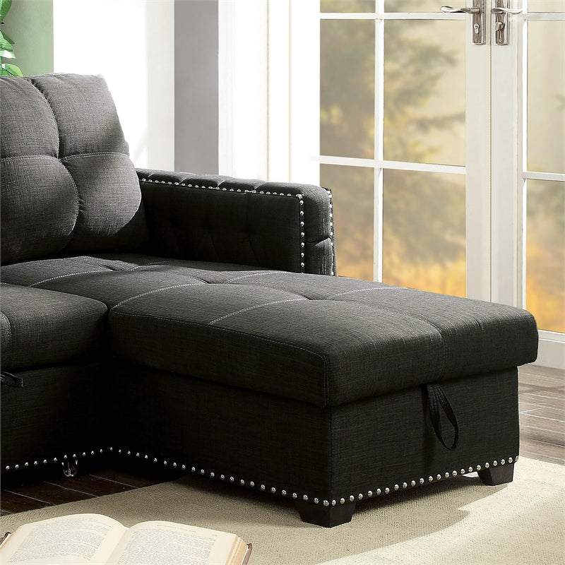 Furniture of America Balfoy Fabric Tufted Sleeper Sectional in Dark Gray