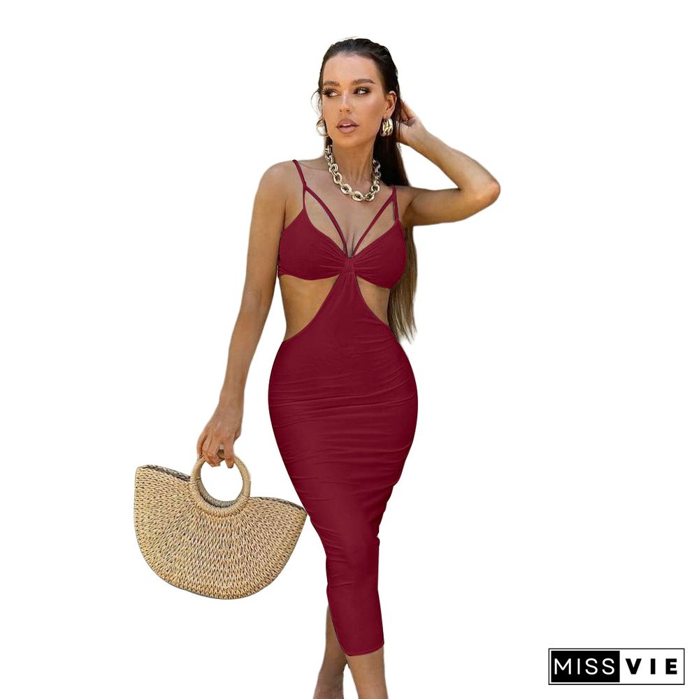 Summer Women Sexy Solid Color Spaghetti Strap V-Neck Hollow Out Backless Skinny Club Party Maxi Dress